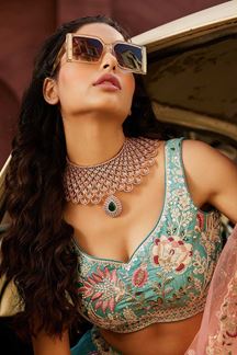Picture of Appealing Turquoise Blue Designer Indo-Western Lehenga Choli for Wedding, Sangeet, Party, and Reception
