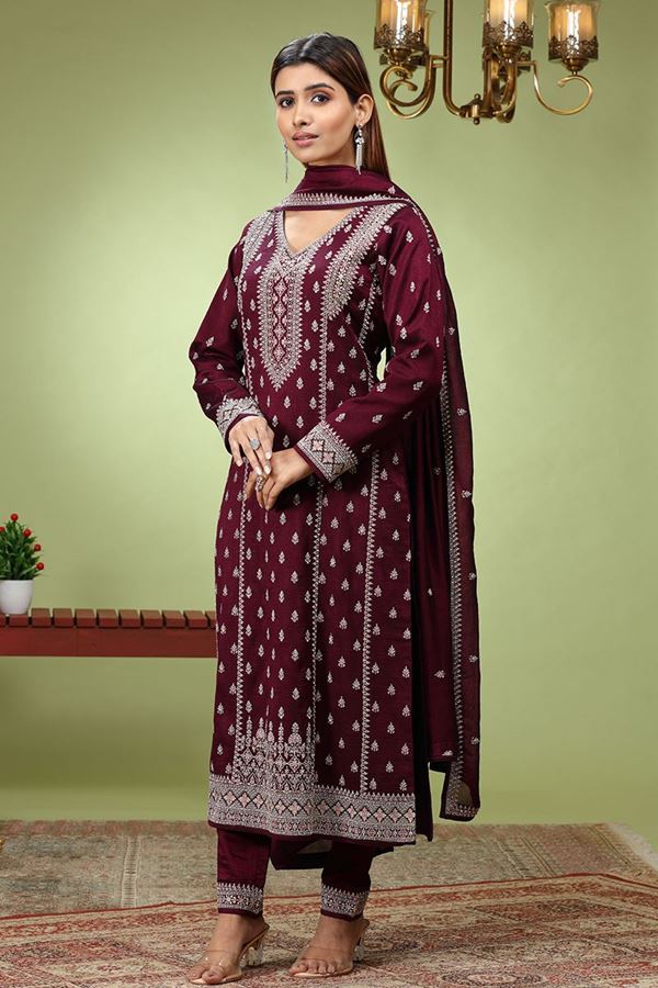 Picture of Beautiful Maroon Designer Straight Cut Suit for Wedding, Reception, Party and Festivals