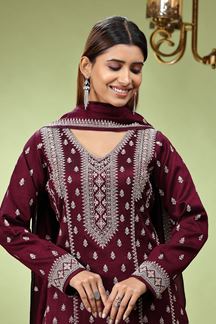Picture of Beautiful Maroon Designer Straight Cut Suit for Wedding, Reception, Party and Festivals