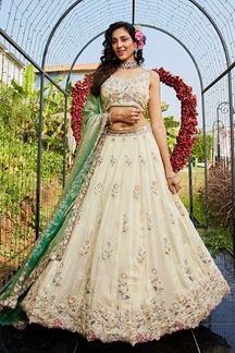 Picture of Divine Cream Designer Indo-Western Lehenga Choli for Engagement, Sangeet, Party, and Reception