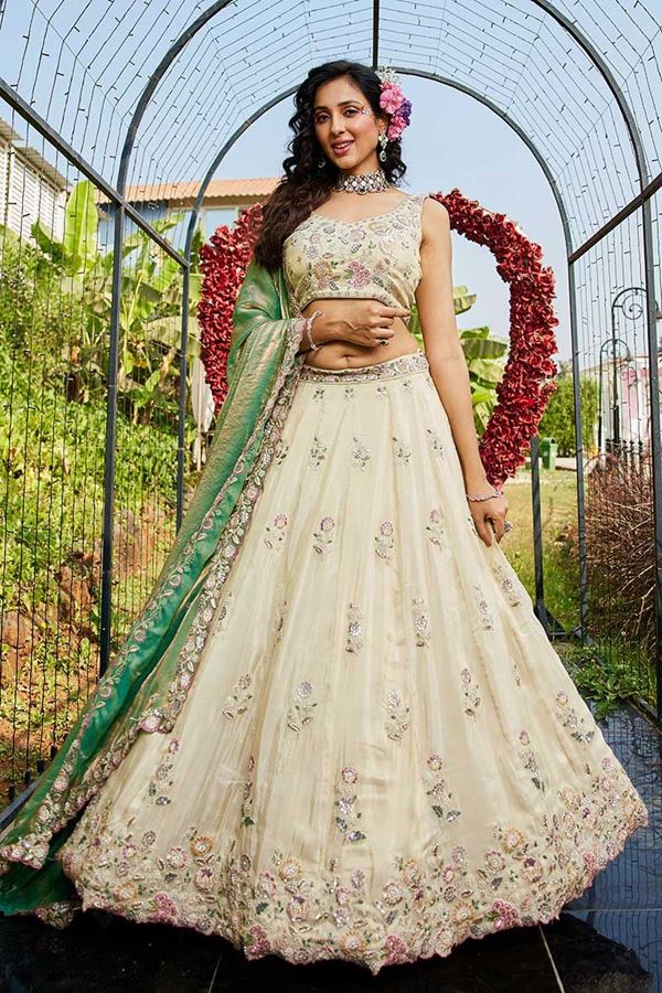 Picture of Divine Cream Designer Indo-Western Lehenga Choli for Engagement, Sangeet, Party, and Reception