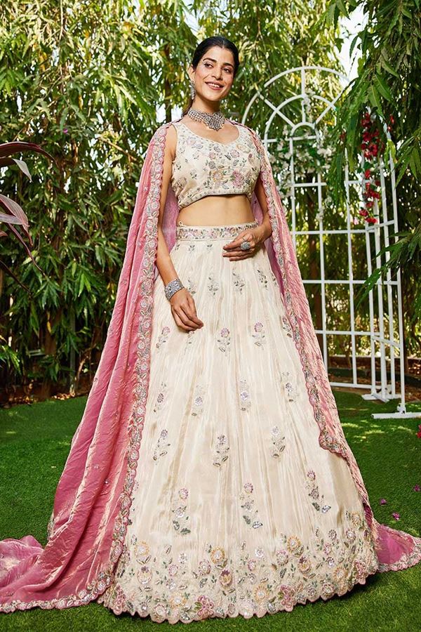 Picture of Gorgeous Cream and Pink Designer Indo-Western Lehenga Choli for Engagement, Sangeet, Party, and Reception