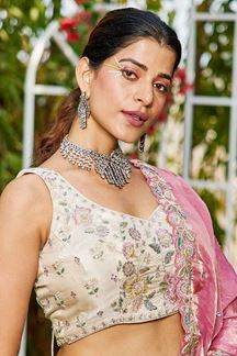 Picture of Gorgeous Cream and Pink Designer Indo-Western Lehenga Choli for Engagement, Sangeet, Party, and Reception
