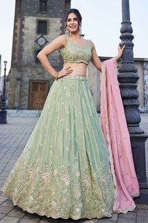 Picture of Impressive Lime Green Designer Indo-Western Lehenga Choli for Engagement, Sangeet, Party, and Reception