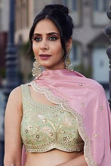 Picture of Impressive Lime Green Designer Indo-Western Lehenga Choli for Engagement, Sangeet, Party, and Reception