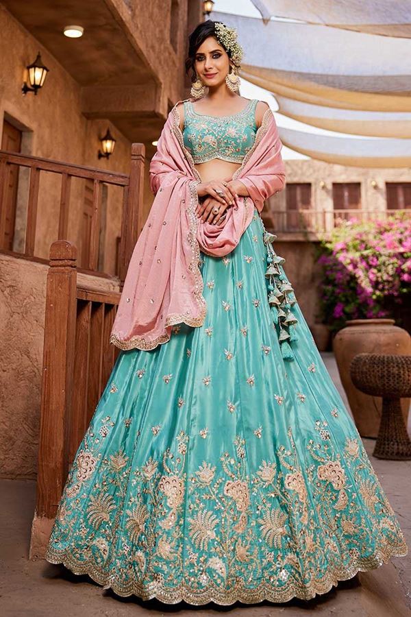 Picture of Charming Turquoise Blue Designer Indo-Western Lehenga Choli for Engagement, Sangeet, and Reception