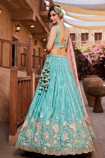 Picture of Charming Turquoise Blue Designer Indo-Western Lehenga Choli for Engagement, Sangeet, and Reception