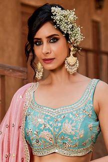 Picture of Charming Turquoise Blue Designer Indo-Western Lehenga Choli for Engagement, Sangeet, and Reception
