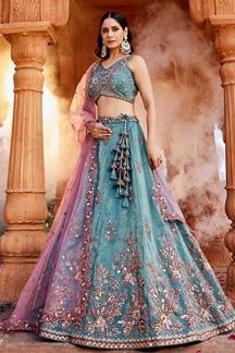 Picture of Charismatic Blue Designer Indo-Western Lehenga Choli for Engagement, Sangeet, Reception, and Party