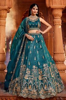 Picture of Dazzling Teal Designer Indo-Western Lehenga Choli for Engagement, Wedding, Sangeet, Reception, and Party