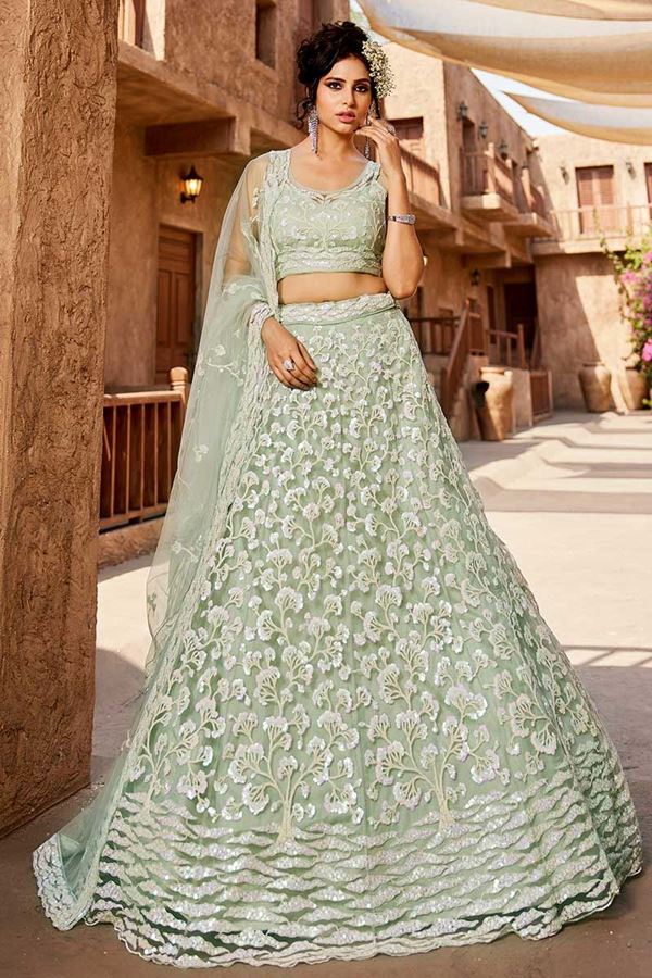 Picture of Enticing Lime Green Designer Indo-Western Lehenga Choli for Engagement, Sangeet, and Reception
