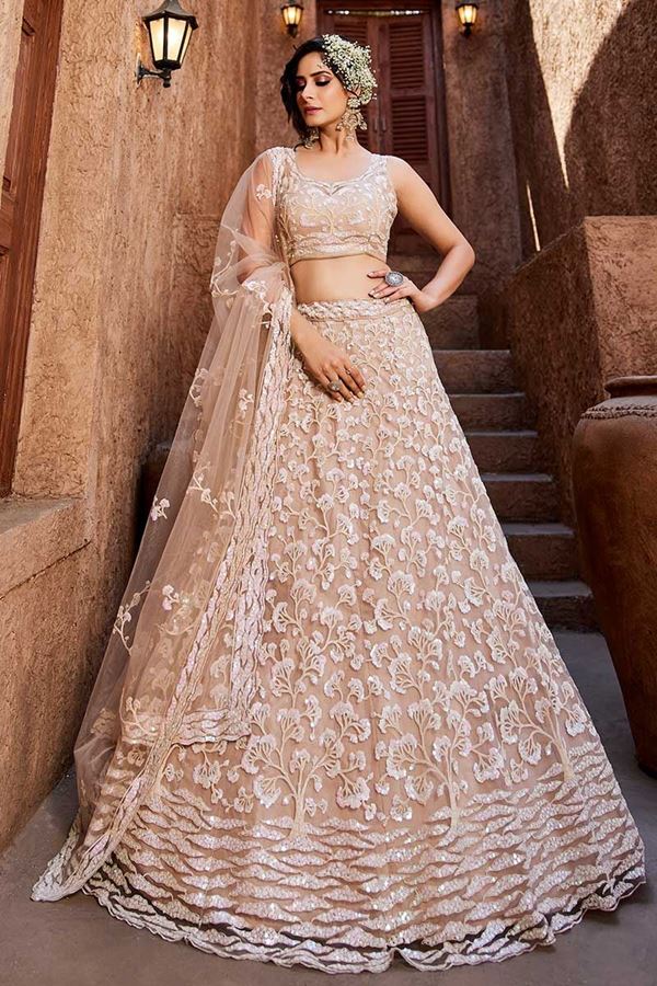 Picture of Aesthetic Nude Designer Indo-Western Lehenga Choli for Engagement, Sangeet, and Reception