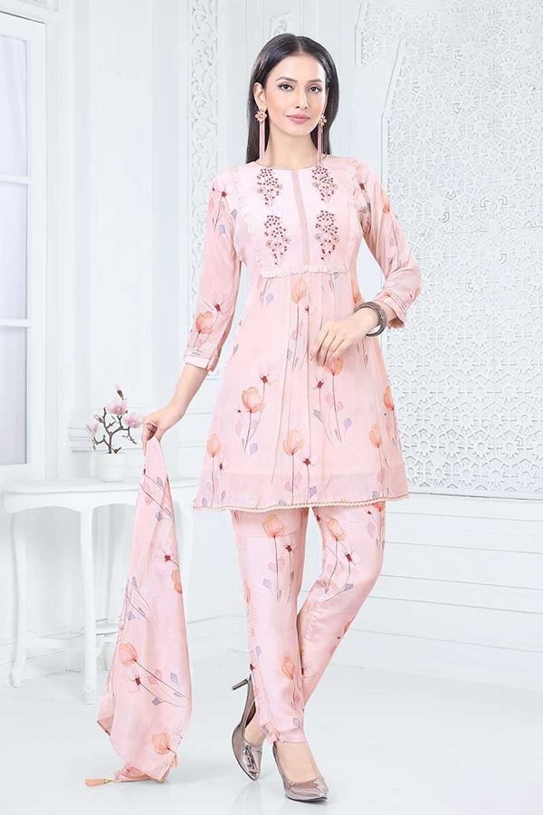 Picture of Pretty Peach Designer Straight Cut Suit for Party, Sangeet, and Festivals