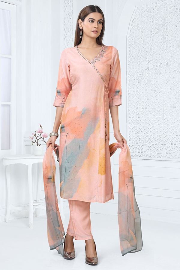 Picture of Exquisite Peach Designer Straight Cut Suit for Party, Sangeet, and Festivals