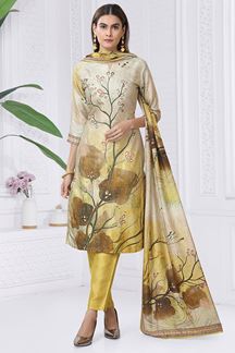 Picture of Splendid Cream and Mustard Designer Straight Cut Suit for Party, Sangeet, and Festivals