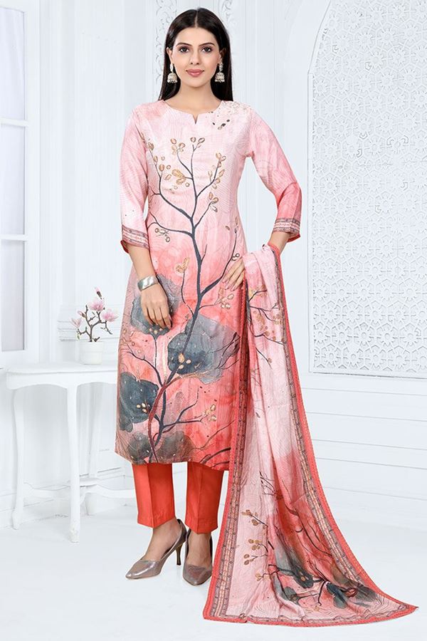 Picture of Bollywood Peach Designer Straight Cut Suit for Party, Sangeet, and Festivals
