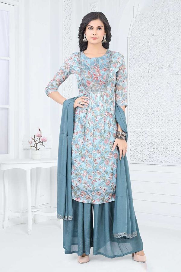 Picture of Classy Blue Designer Straight Cut Suit for Party, Sangeet, and Festivals