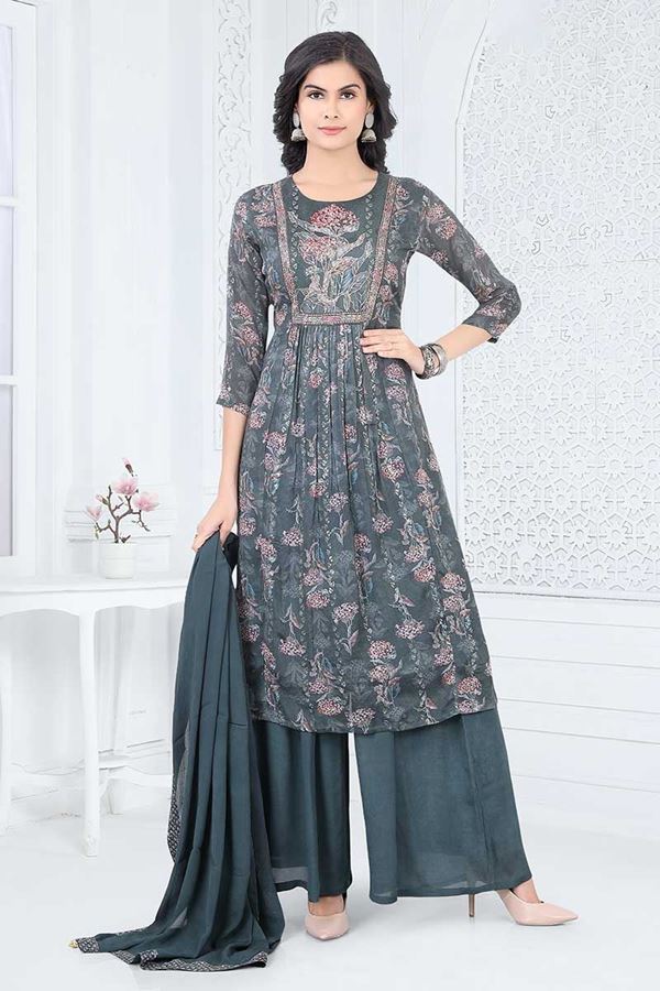 Picture of Pretty Grey Designer Straight Cut Suit for Party, Sangeet, and Festivals