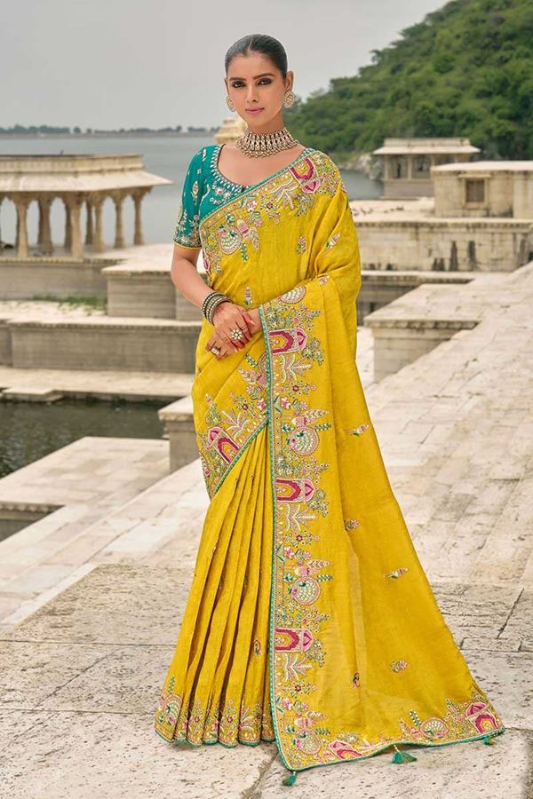 Picture of  Breathtaking Dola Silk Designer Saree for Haldi, Reception, Sangeet, and Parties