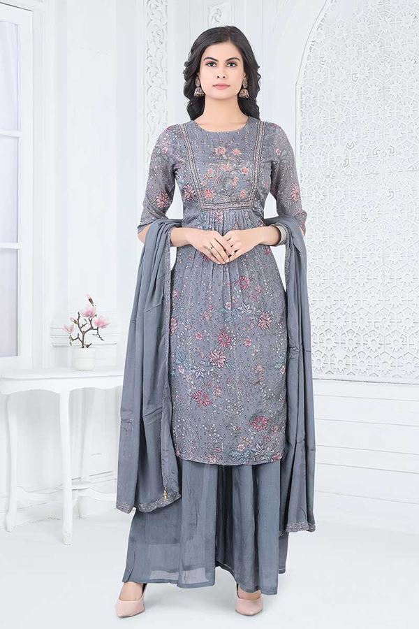 Picture of Royal Grey Designer Straight Cut Suit for Party, Sangeet, and Festivals