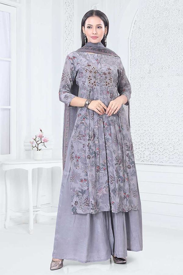 Picture of Aesthetic Grey Designer Straight Cut Suit for Party, Sangeet, and Festivals