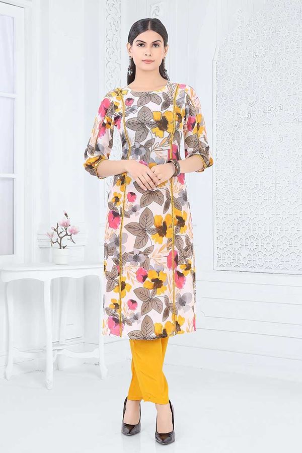 Picture of Dazzling Cream and Yellow Designer Kurtis for Party, Sangeet, and Festivals