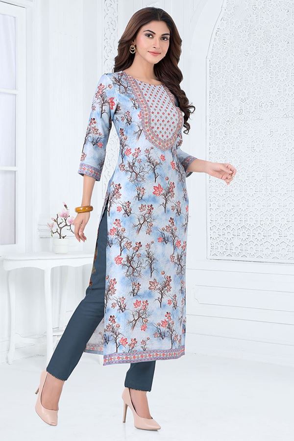 Picture of Flamboyant Light Blue Designer Kurtis for Party, Sangeet, and Festivals
