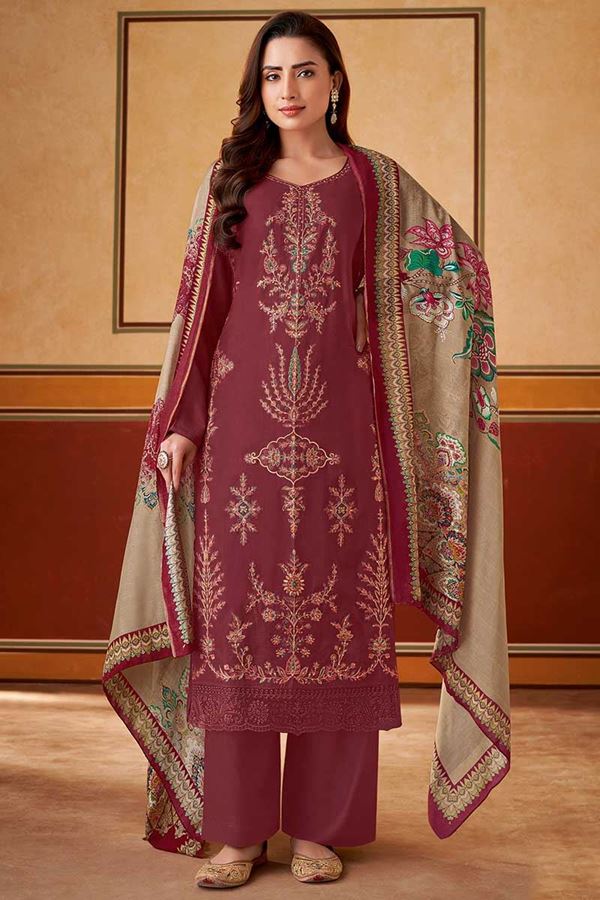 Picture of Alluring Maroon Designer Straight Cut Suit for Engagement, Reception, Festivals, Sangeet, and Parties  (Unstitched suit)