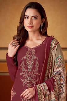 Picture of Alluring Maroon Designer Straight Cut Suit for Engagement, Reception, Festivals, Sangeet, and Parties  (Unstitched suit)