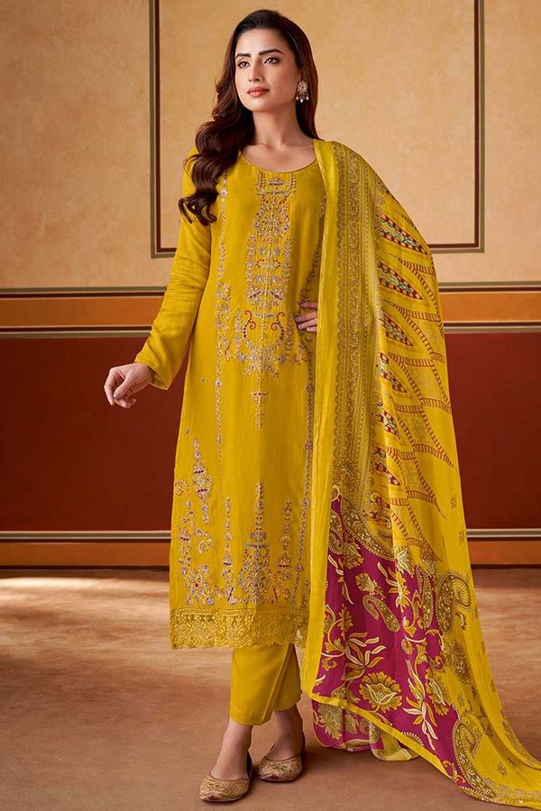 Picture of Ethnic Yellow Designer Straight Cut Suit for Haldi, Festivals, Sangeet, and Parties (Unstitched suit)