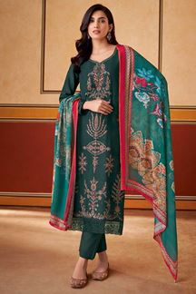Picture of Captivating Teal Designer Straight Cut Suit for Festivals, Sangeet, and Parties  (Unstitched suit)