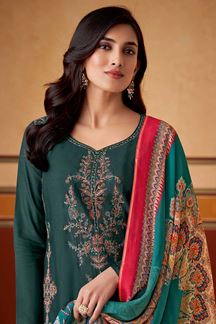 Picture of Captivating Teal Designer Straight Cut Suit for Festivals, Sangeet, and Parties  (Unstitched suit)