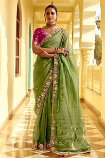 Picture of Striking Pure Silk Designer Saree for Mehendi, Wedding, Engagement, Reception, Sangeet, and Parties