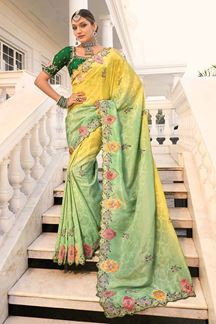 Picture of Spectacular Crepe Jacquard Designer Saree for Haldi, Engagement, Wedding, Reception, Festivals, Sangeet, and Parties