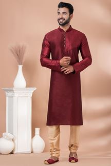 Picture of Artistic Maroon Designer Men’s Kurta Pyjama for Wedding and Reception