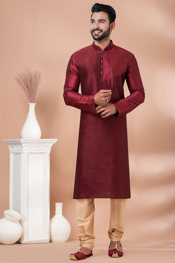 Picture of Artistic Maroon Designer Men’s Kurta Pyjama for Wedding and Reception