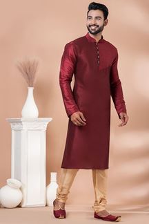 Picture of Artistic Maroon Designer Men’s Kurta Pyjama for Wedding and Reception