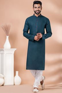 Picture of Enticing Dark Green Designer Men’s Kurta Pyjama for Engagement, Festivals, Sangeet, and Parties