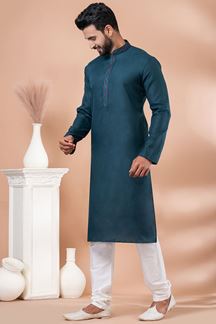 Picture of Enticing Dark Green Designer Men’s Kurta Pyjama for Engagement, Festivals, Sangeet, and Parties