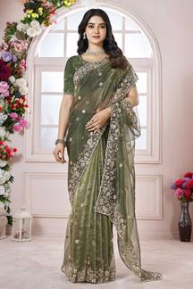 Picture of  Striking Organza Designer Saree for Mehendi, Festivals, Engagement, Sangeet, and Parties