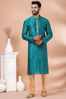 Picture of Splendid Rama Green Designer Men’s Kurta Pyjama for Engagement, Wedding, Reception, Festivals, Sangeet, and Parties