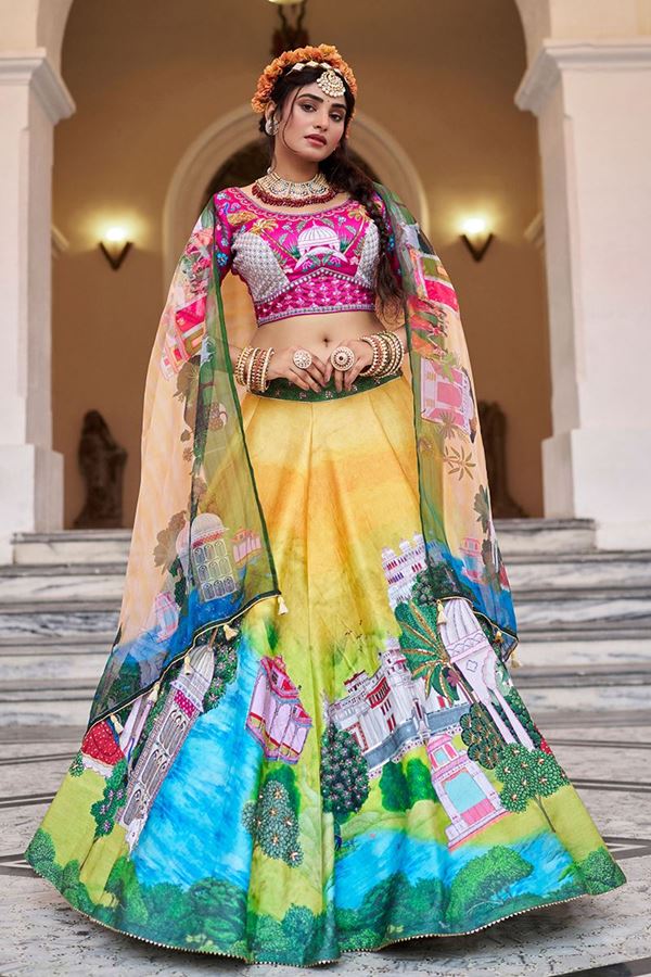 Picture of  Exuberant Yellow and Pink Designer Wedding Lehenga Choli for Haldi, Wedding, Reception, Pre-Wedding Shoot, Sangeet, and Parties