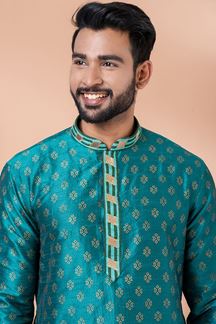Picture of Splendid Rama Green Designer Men’s Kurta Pyjama for Engagement, Wedding, Reception, Festivals, Sangeet, and Parties