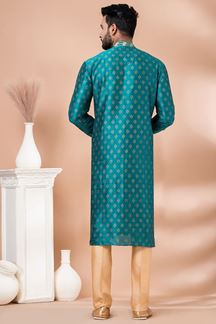 Picture of Splendid Rama Green Designer Men’s Kurta Pyjama for Engagement, Wedding, Reception, Festivals, Sangeet, and Parties