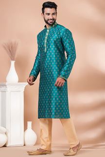 Picture of Splendid Rama Green Designer Men’s Kurta Pyjama for Engagement, Wedding, Reception, Festivals, Sangeet, and Parties