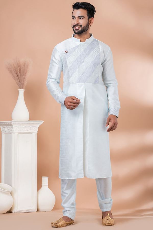 Picture of Royal Sky Blue Designer Men’s Kurta Pyjama for Engagement, Festivals, Sangeet, and Parties