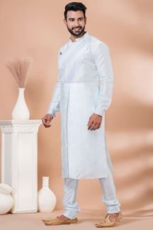 Picture of Royal Sky Blue Designer Men’s Kurta Pyjama for Engagement, Festivals, Sangeet, and Parties