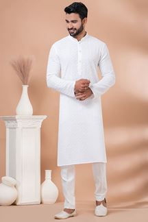 Picture of Amazing White Designer Men’s Kurta Pyjama for Haldi, Festivals, Sangeet, and Parties