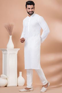 Picture of Amazing White Designer Men’s Kurta Pyjama for Haldi, Festivals, Sangeet, and Parties