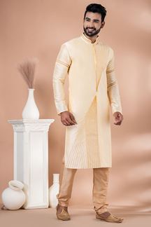 Picture of Awesome Cream Designer Men’s Kurta Pyjama for Engagement, Reception, Festivals, Sangeet, and Parties